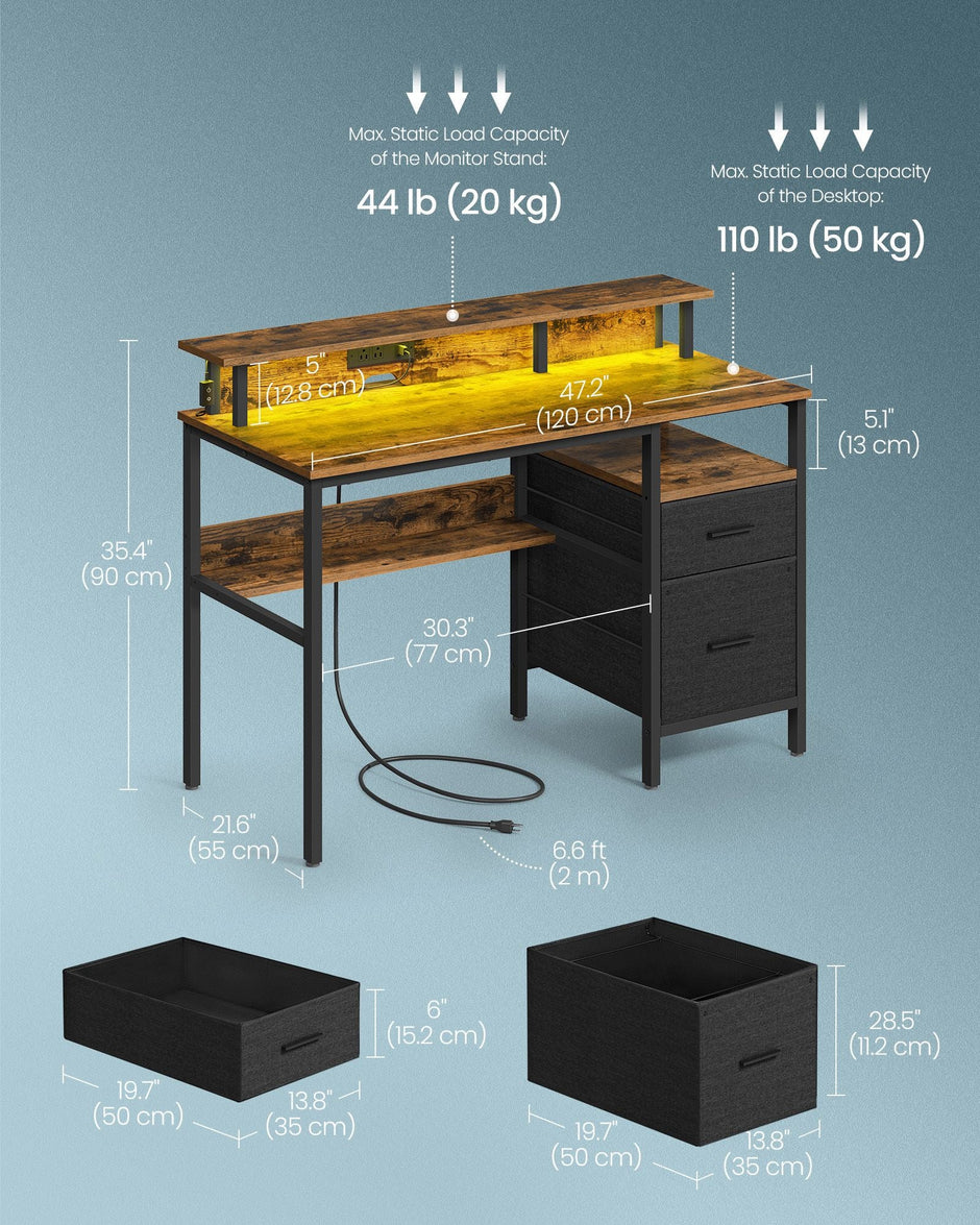 Gaming Desk – Wood – Rustic Brown – LED Lights, Built-In Power Outlets, Monitor Shelf, 2 Drawers, USB Ports