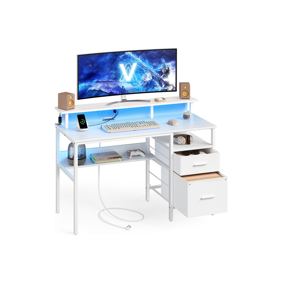 Computer Desk – Wood – Maple White – LED Lighting with Drawers and Monitor Shelf