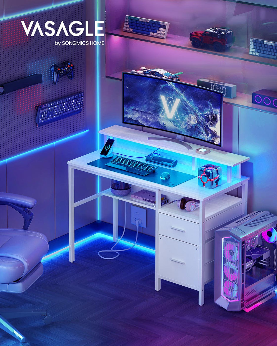 Computer Desk – Wood – Maple White – LED Lighting with Drawers and Monitor Shelf