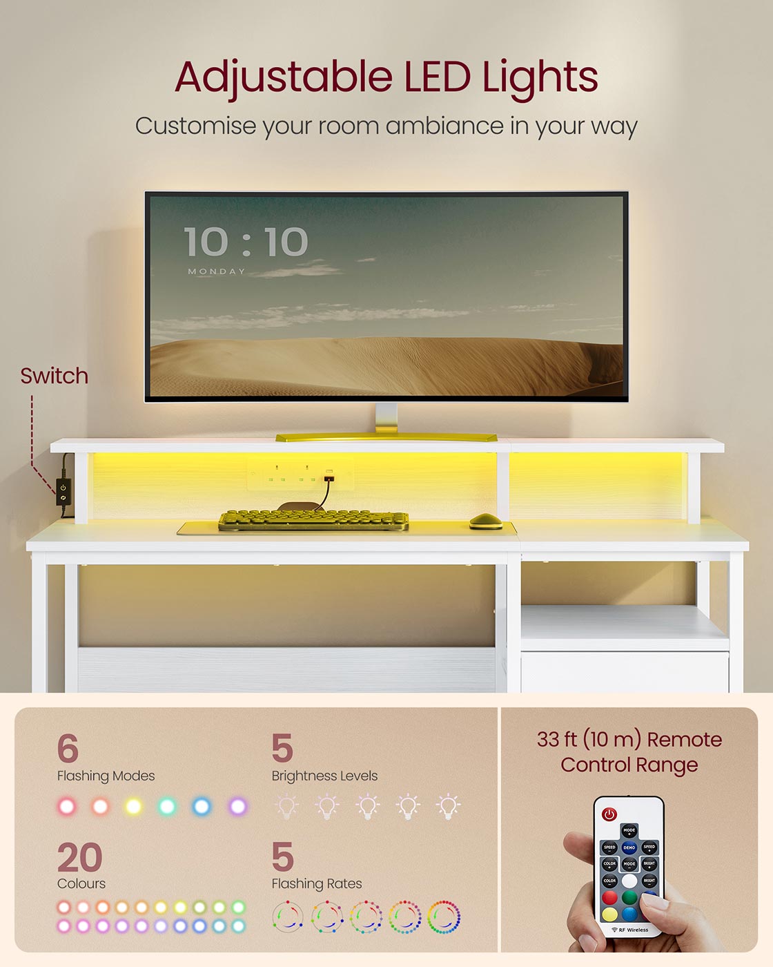 Computer Desk – Wood – Maple White – LED Lighting with Drawers and Monitor Shelf