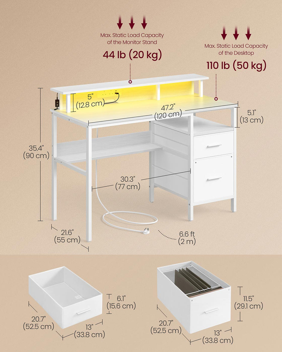 Computer Desk – Wood – Maple White – LED Lighting with Drawers and Monitor Shelf