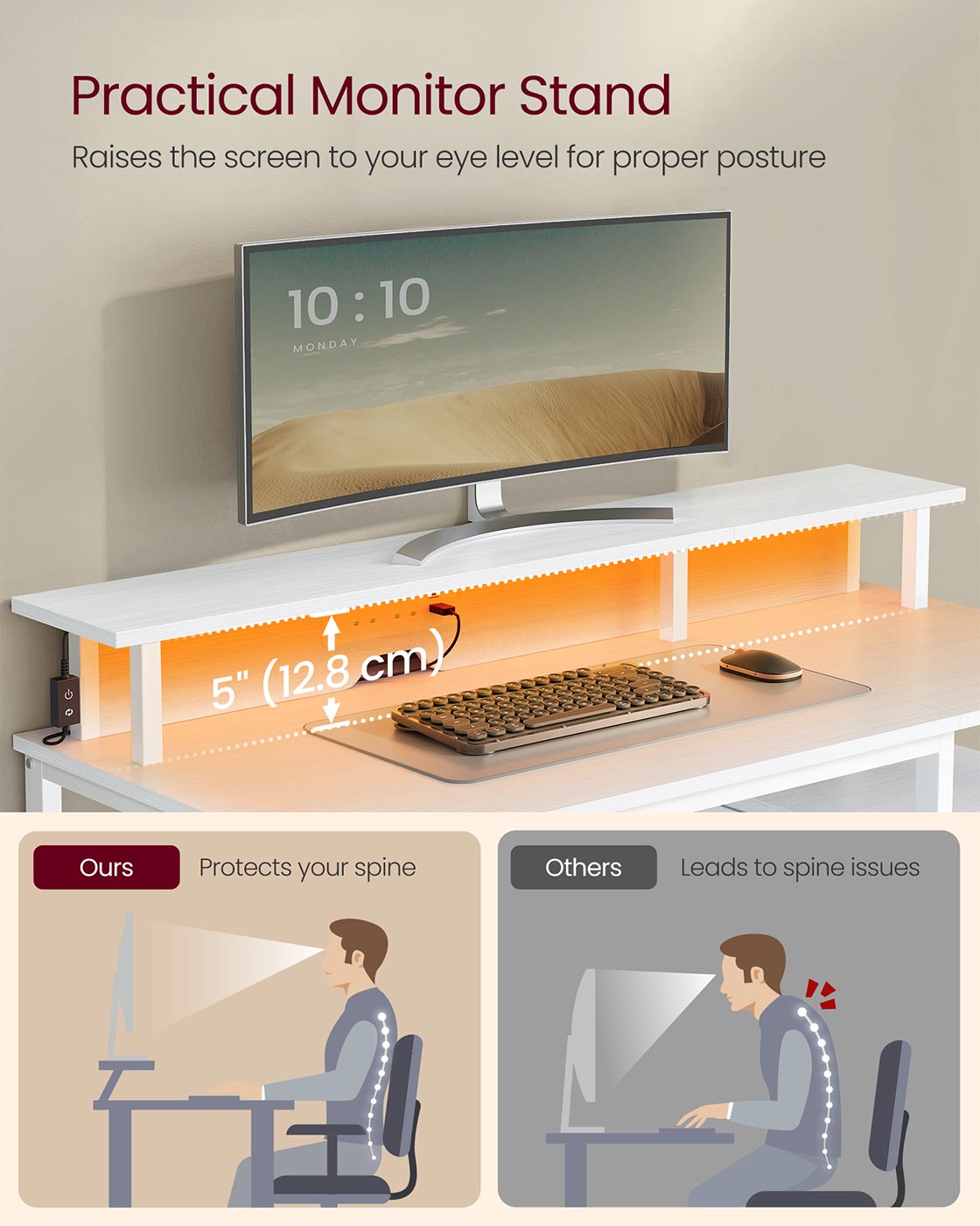 Computer Desk – Wood – Maple White – LED Lighting with Drawers and Monitor Shelf