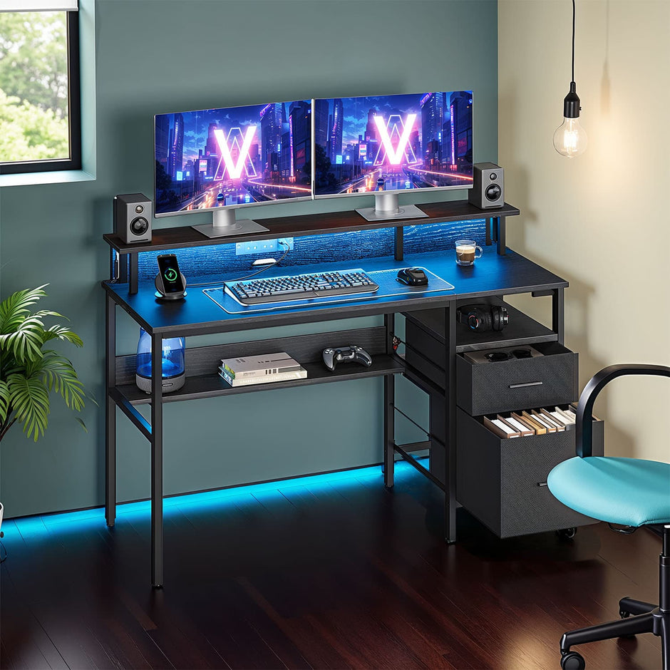 Computer Desk – MDF – Ebony Black – Built-In Power Outlets, LED Lights, Monitor Shelf
