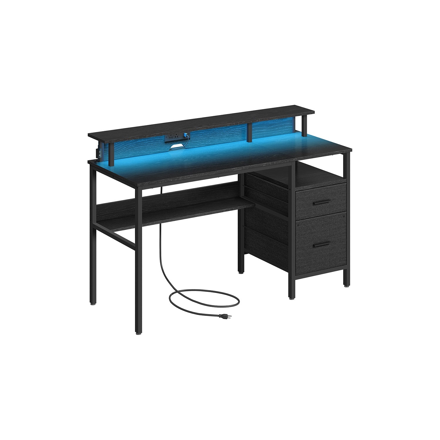 Gaming Desk – Engineered Wood – Ebony Black – LED Lights, Built-In Power Outlets, Monitor Shelf, USB Ports, 2 Drawers