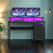 Computer Desk – MDF – Ebony Black – Built-In Power Outlets, LED Lights, Monitor Shelf