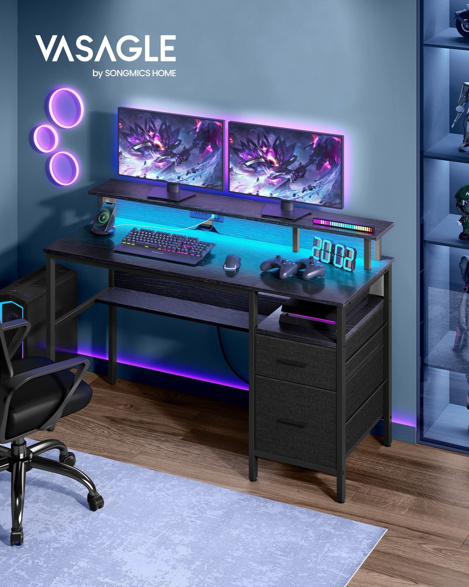 Gaming Desk – Engineered Wood – Ebony Black – LED Lights, Built-In Power Outlets, Monitor Shelf, USB Ports, 2 Drawers