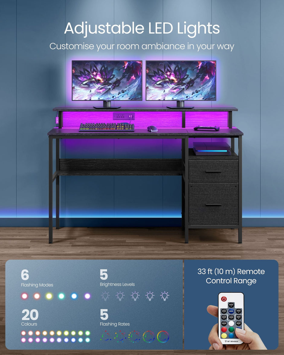Gaming Desk – Engineered Wood – Ebony Black – LED Lights, Built-In Power Outlets, Monitor Shelf, USB Ports, 2 Drawers