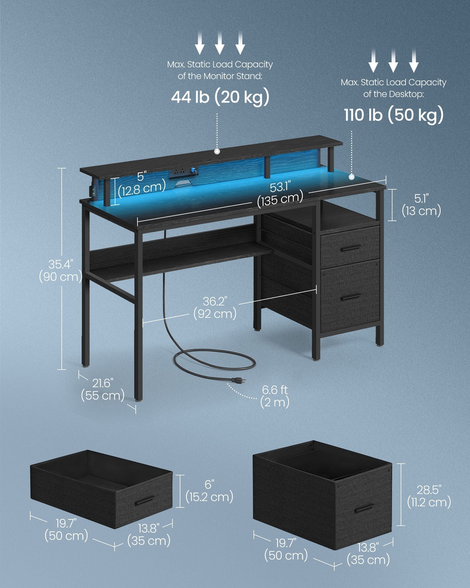 Gaming Desk – Engineered Wood – Ebony Black – LED Lights, Built-In Power Outlets, Monitor Shelf, USB Ports, 2 Drawers