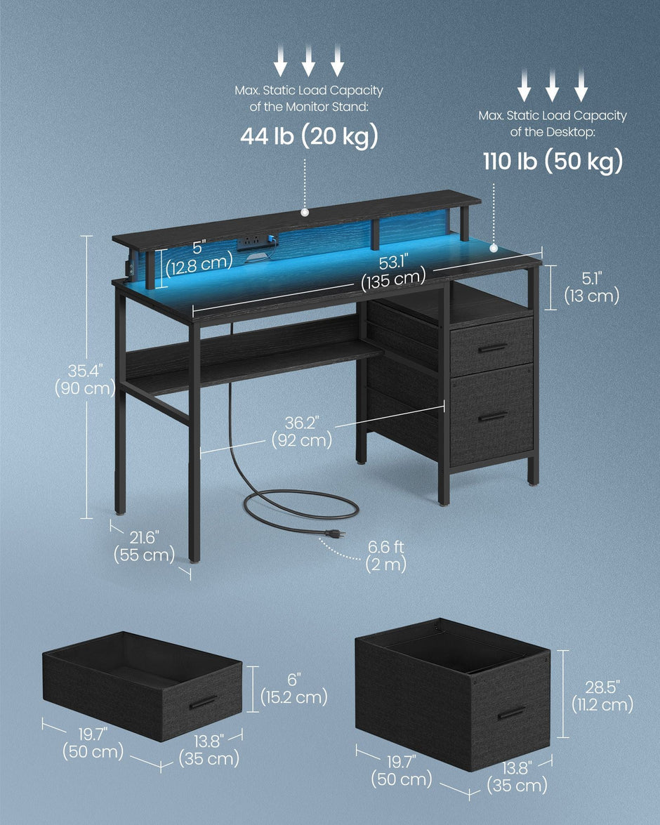 Gaming Desk – Engineered Wood – Ebony Black – LED Lights, Built-In Power Outlets, Monitor Shelf, USB Ports, 2 Drawers