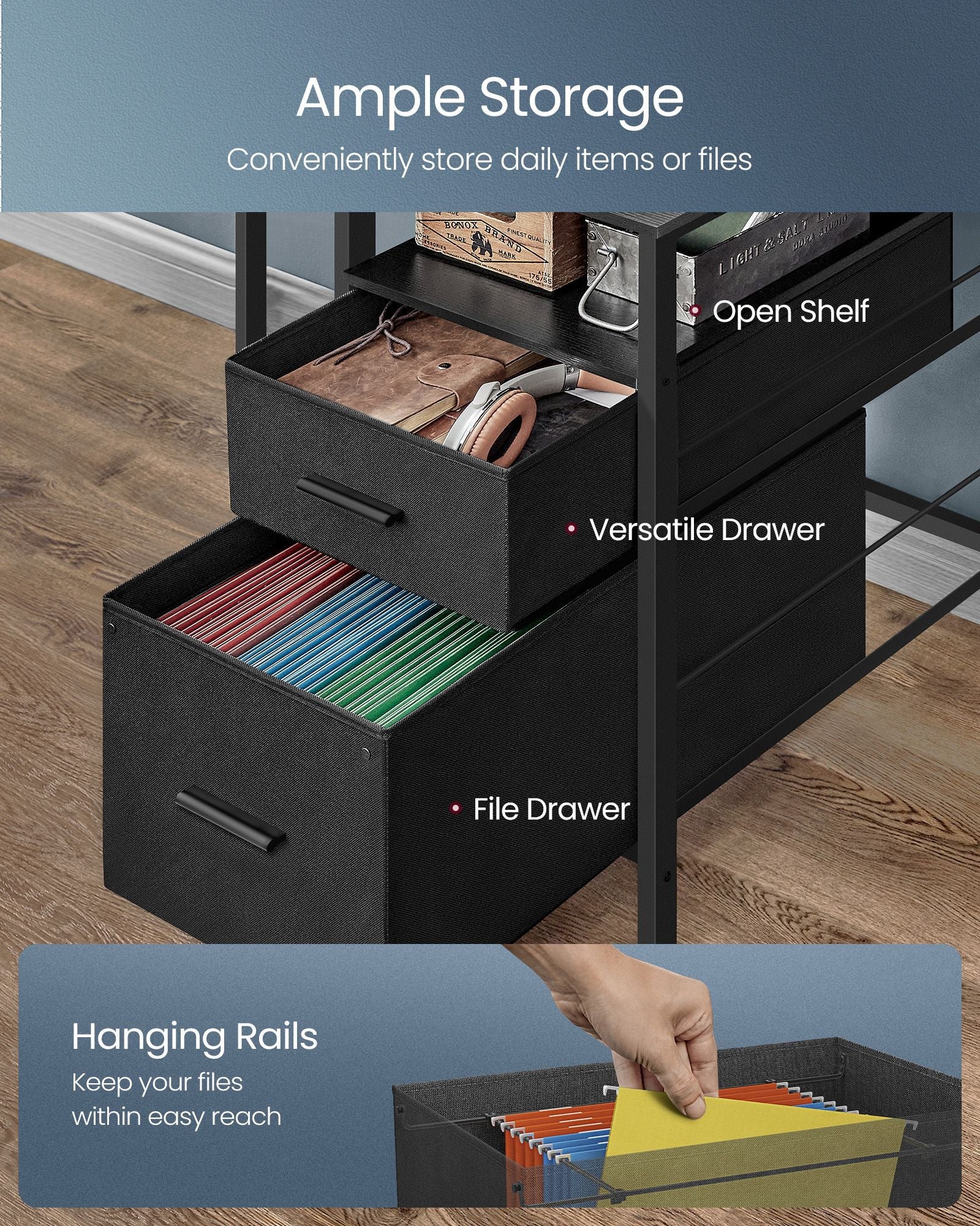 Gaming Desk – Engineered Wood – Ebony Black – LED Lights, Built-In Power Outlets, Monitor Shelf, USB Ports, 2 Drawers