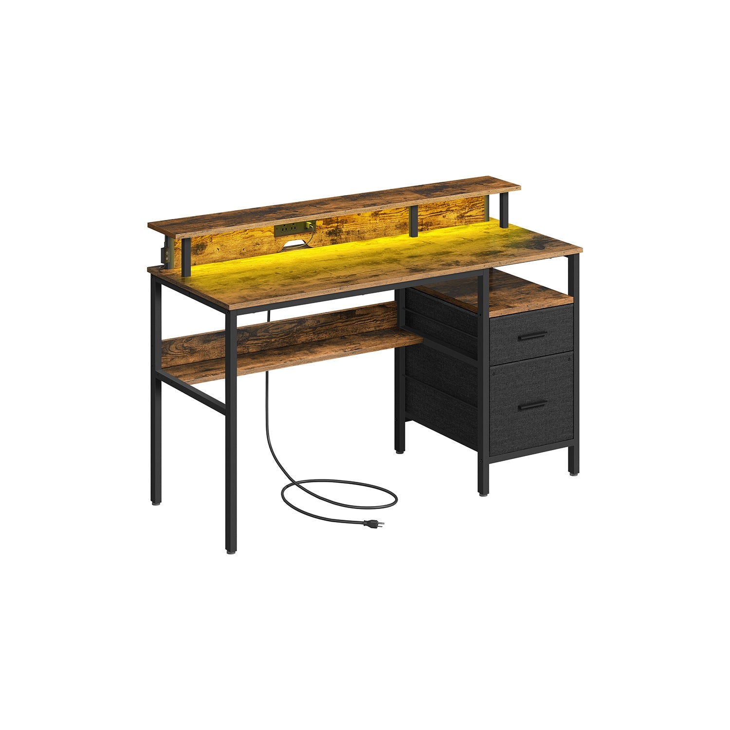 Gaming Desk – Wood – Rustic Brown – LED Lights, Built-In Power Outlets, Monitor Shelf, 2 Drawers, USB Ports