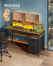 Gaming Desk – Wood – Rustic Brown – LED Lights, Built-In Power Outlets, Monitor Shelf, 2 Drawers, USB Ports