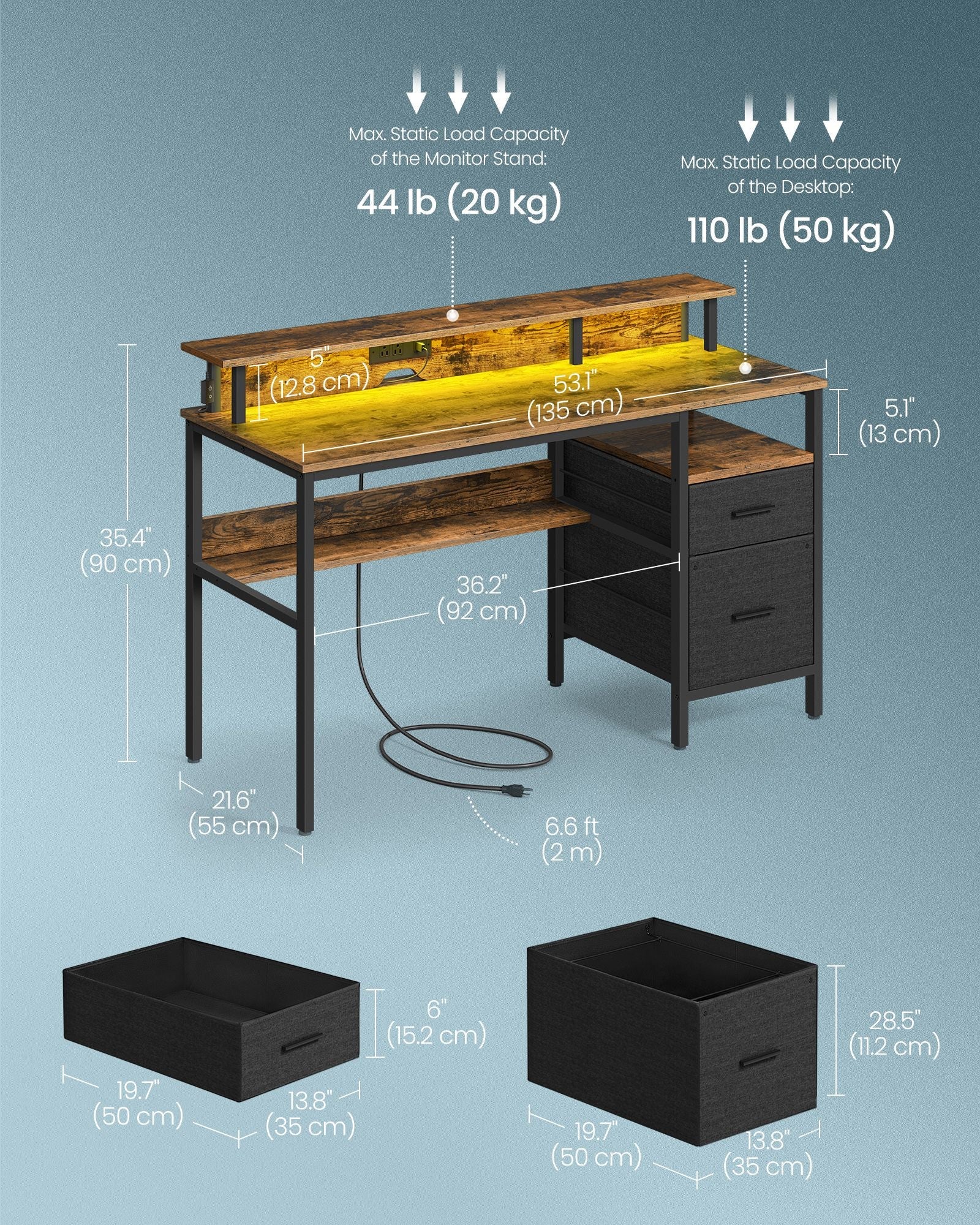 Gaming Desk – Wood – Rustic Brown – LED Lights, Built-In Power Outlets, Monitor Shelf, 2 Drawers, USB Ports