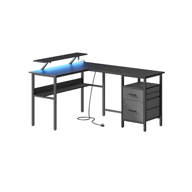 L-Shaped Computer Desk – Wood – Ebony Black – Features Power Outlets and Monitor Shelf