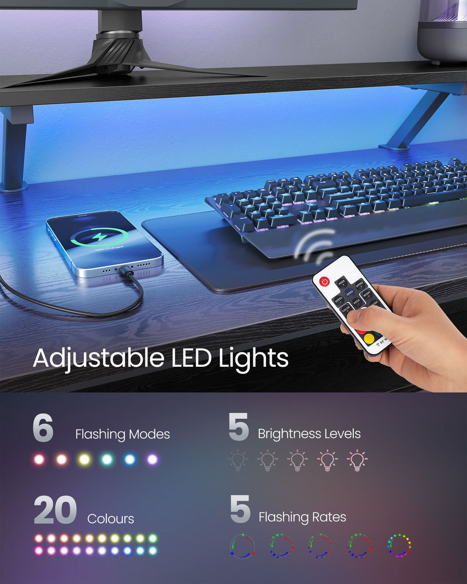 L-Shaped Computer Desk – Wood – Ebony Black – Features Power Outlets and Monitor Shelf