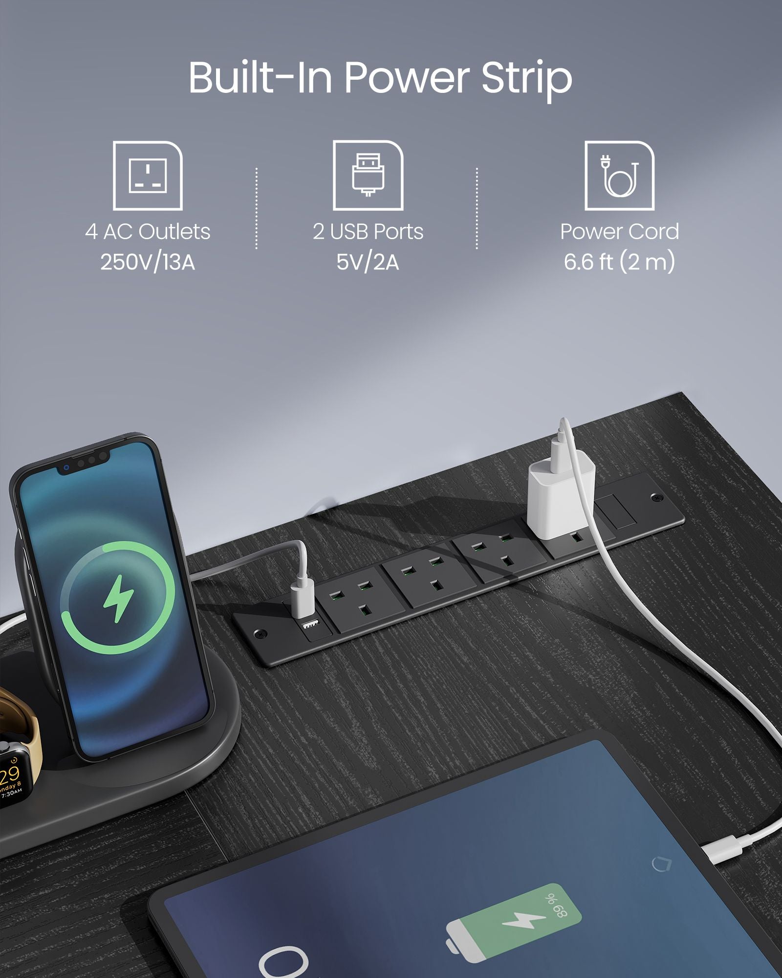 L-Shaped Computer Desk – Wood – Ebony Black – Features Power Outlets and Monitor Shelf