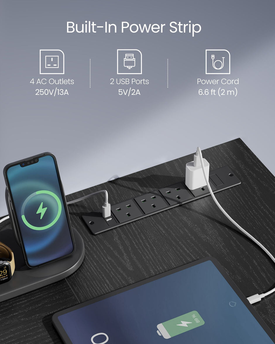 L-Shaped Computer Desk – Wood – Ebony Black – Features Power Outlets and Monitor Shelf