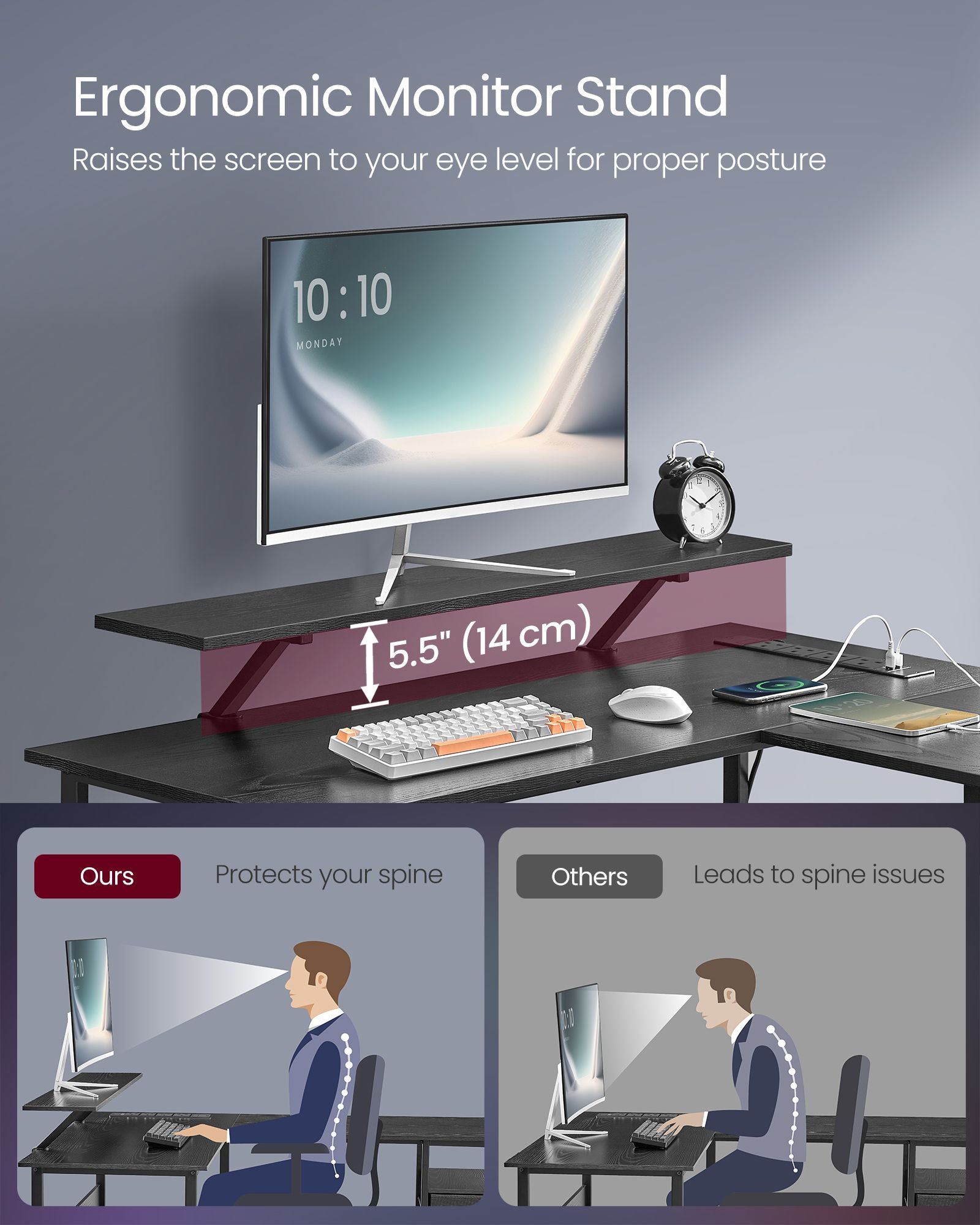 L-Shaped Computer Desk – Wood – Ebony Black – Features Power Outlets and Monitor Shelf