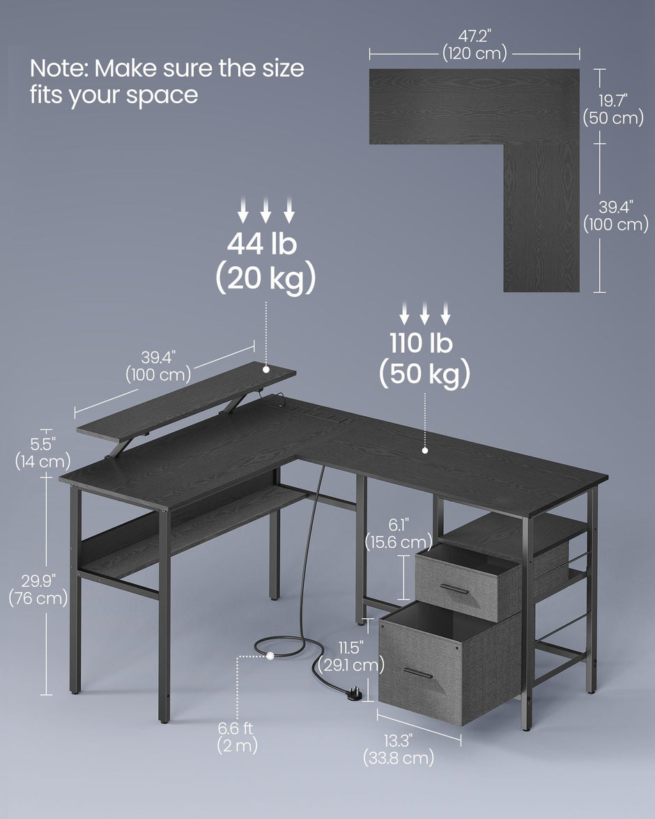 L-Shaped Computer Desk – Wood – Ebony Black – Features Power Outlets and Monitor Shelf