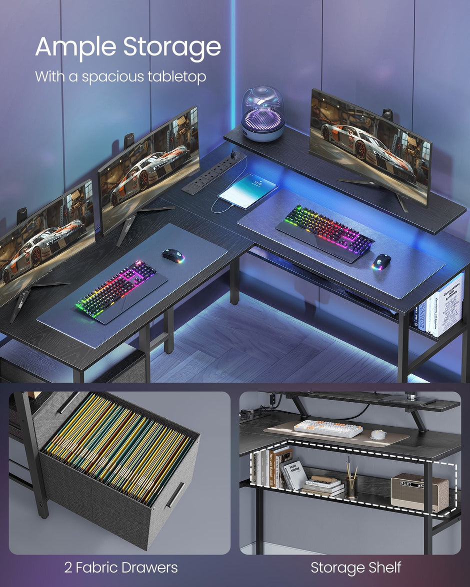 L-Shaped Computer Desk – Wood – Ebony Black – Features Power Outlets and Monitor Shelf