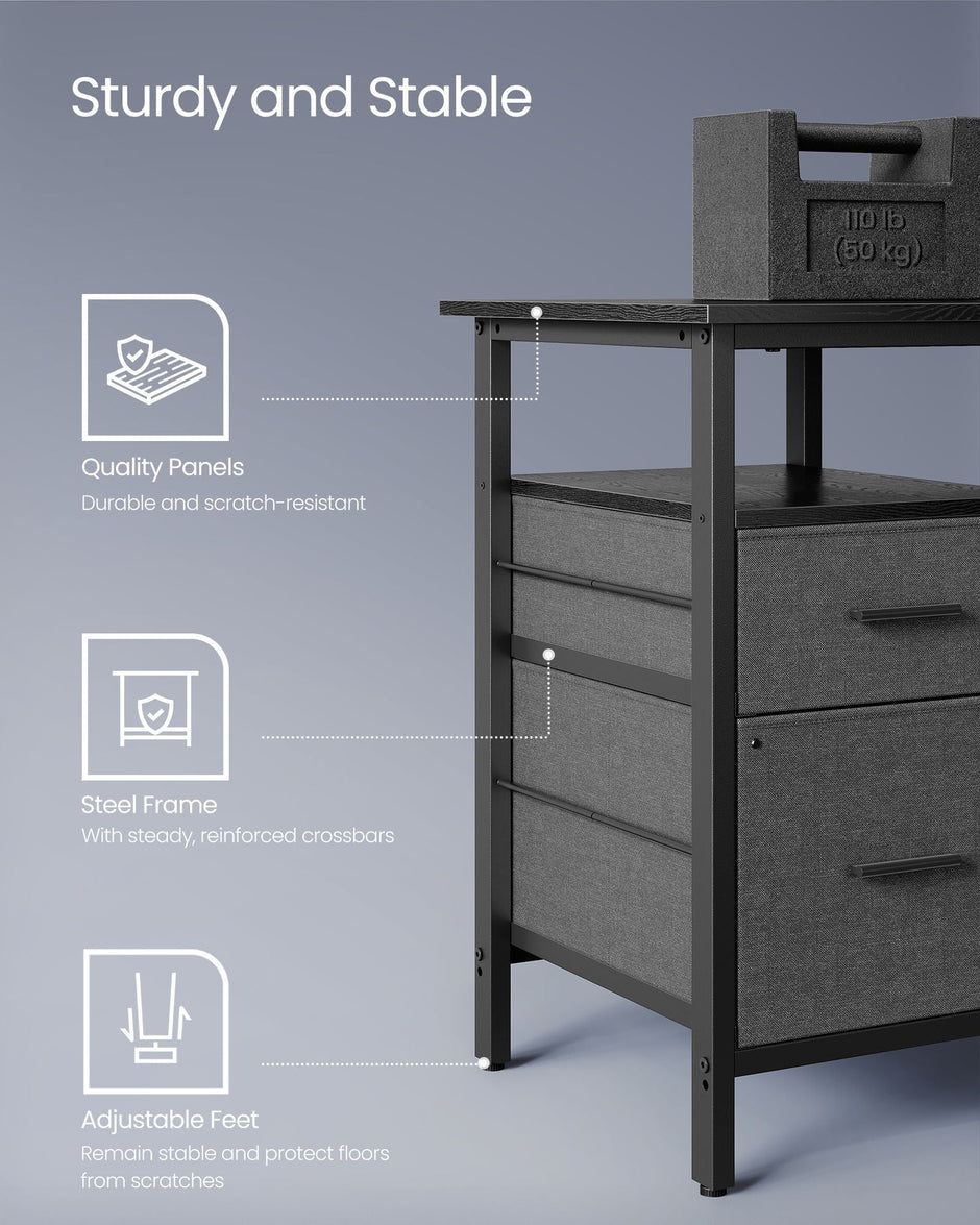 L-Shaped Computer Desk – Wood – Ebony Black – Features Power Outlets and Monitor Shelf