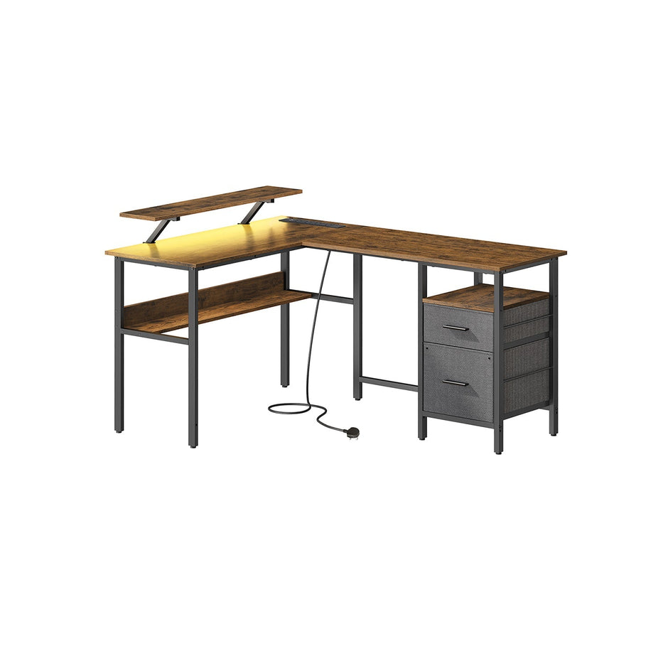 L-Shaped Computer Desk – Wood – Ebony Black – Features Power Outlets and Monitor Shelf