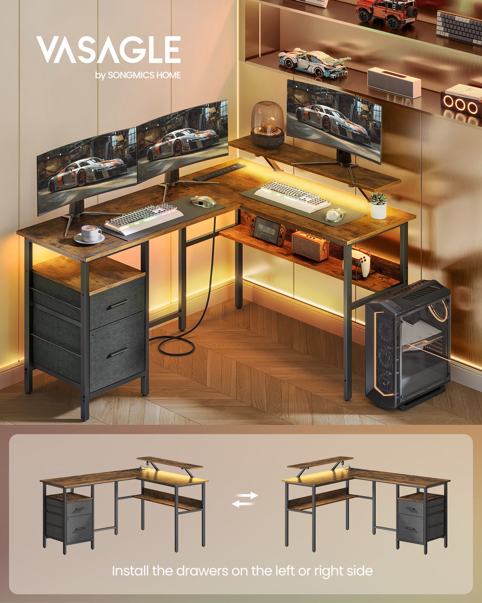 L-Shaped Computer Desk – Engineered Wood – Rustic Brown – with Power Outlets and Monitor Shelf
