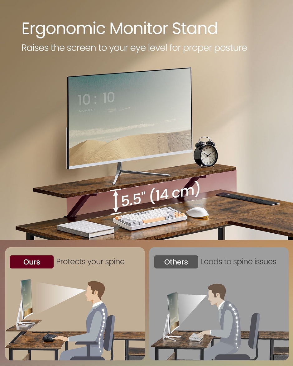 L-Shaped Computer Desk – Engineered Wood – Rustic Brown – with Power Outlets and Monitor Shelf