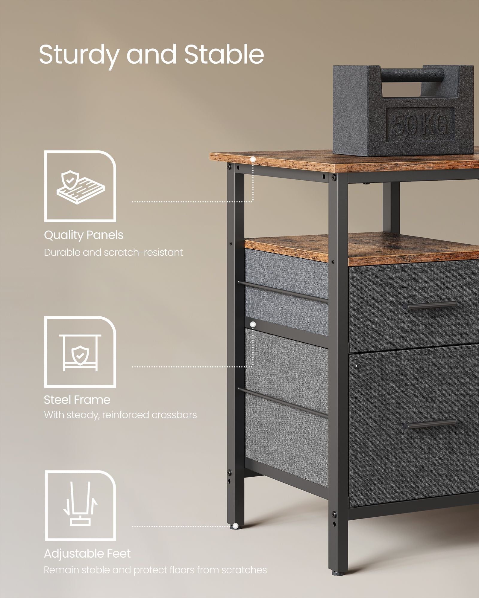 L-Shaped Computer Desk – Engineered Wood – Rustic Brown – with Power Outlets and Monitor Shelf