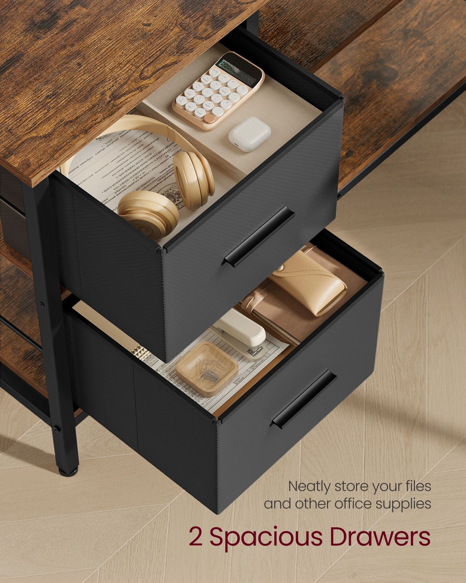 L-Shaped Desk – Wood – Rustic Brown – Features 2 Spacious Drawers and Monitor Stand