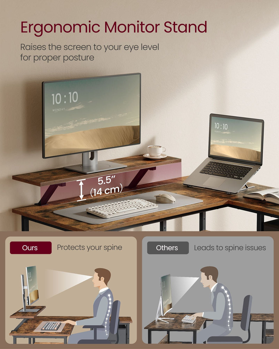 L-Shaped Desk – Wood – Rustic Brown – Features 2 Spacious Drawers and Monitor Stand