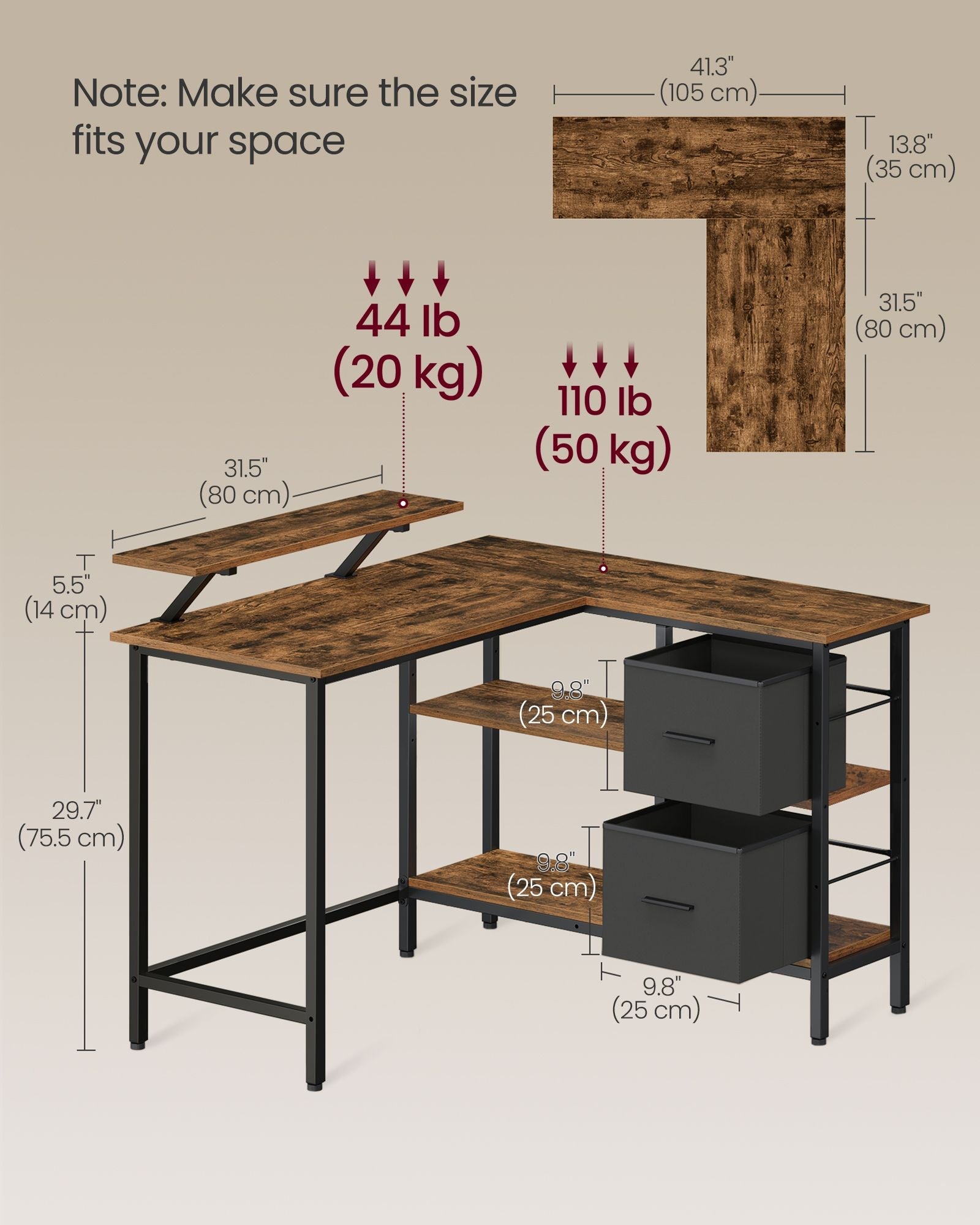 L-Shaped Desk – Wood – Rustic Brown – Features 2 Spacious Drawers and Monitor Stand