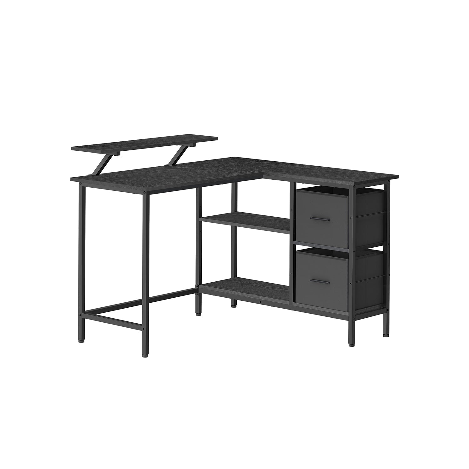 L-Shaped Desk – Wood – Ebony Black – Features 2 Spacious Drawers and Adjustable Storage Shelf