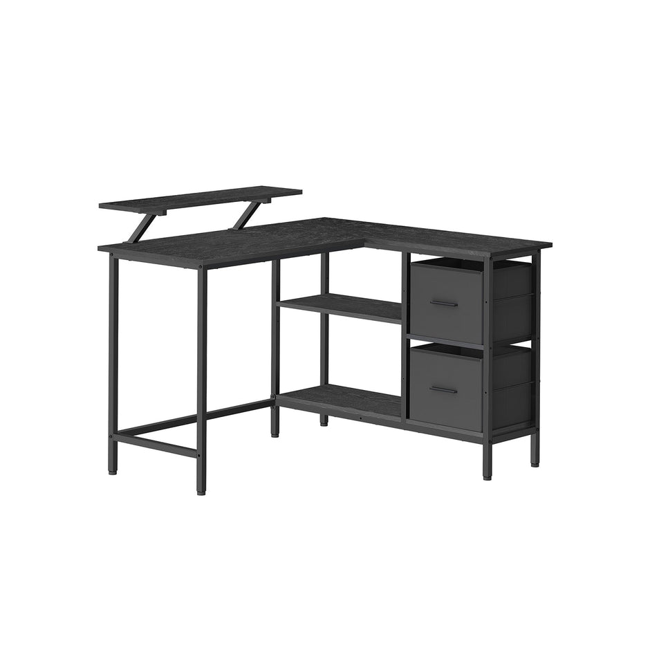 L-Shaped Desk – Wood – Rustic Brown – Features 2 Spacious Drawers and Monitor Stand