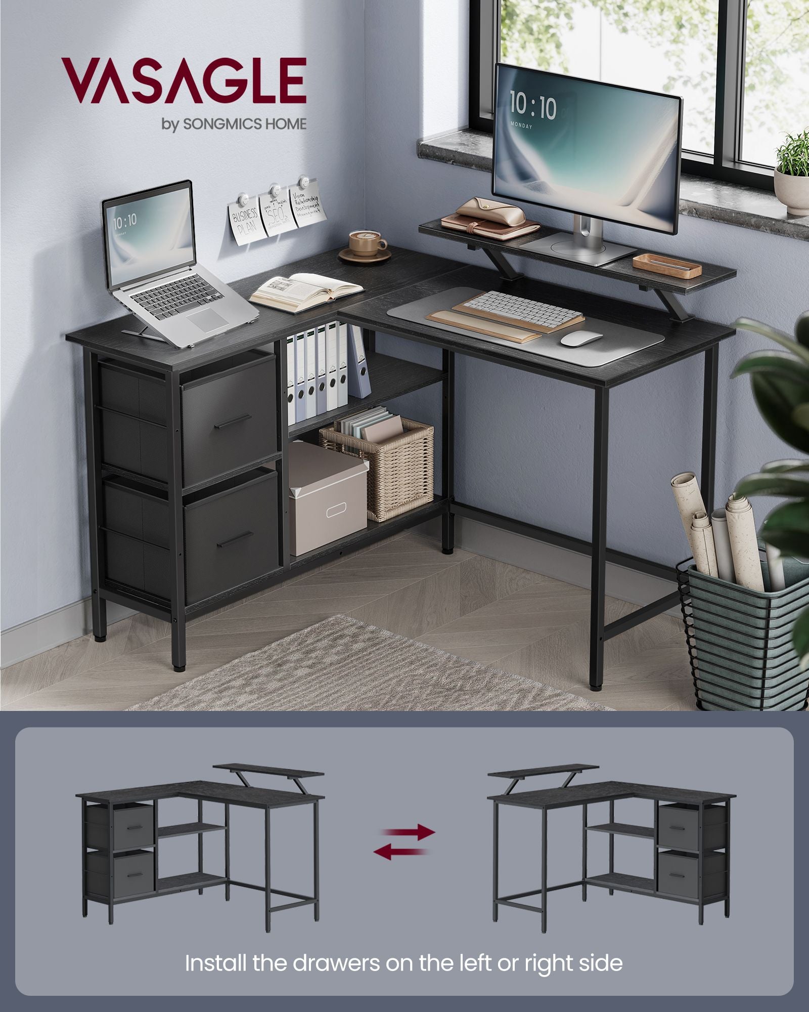 L-Shaped Desk – Wood – Ebony Black – Features 2 Spacious Drawers and Adjustable Storage Shelf