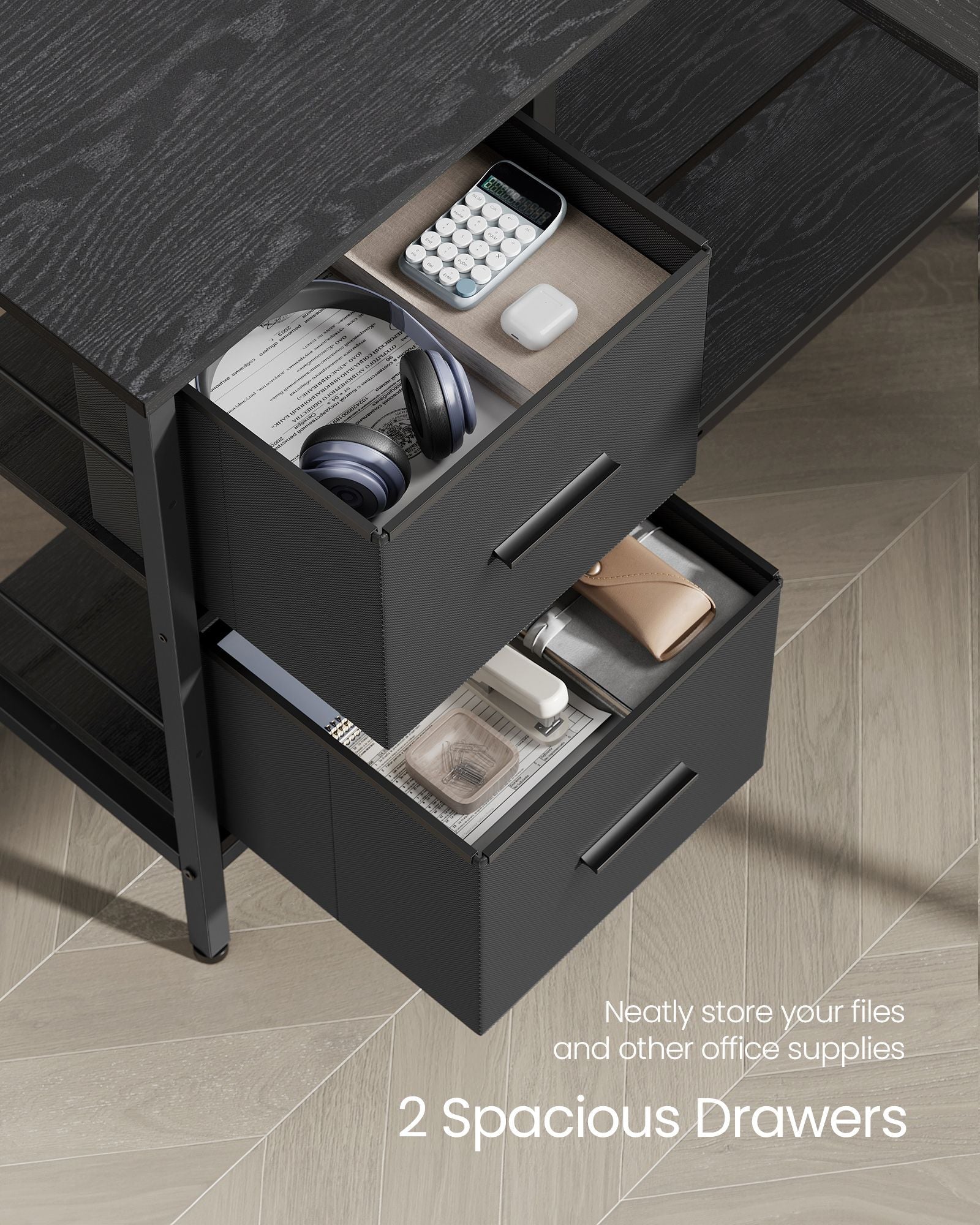 L-Shaped Desk – Wood – Ebony Black – Features 2 Spacious Drawers and Adjustable Storage Shelf