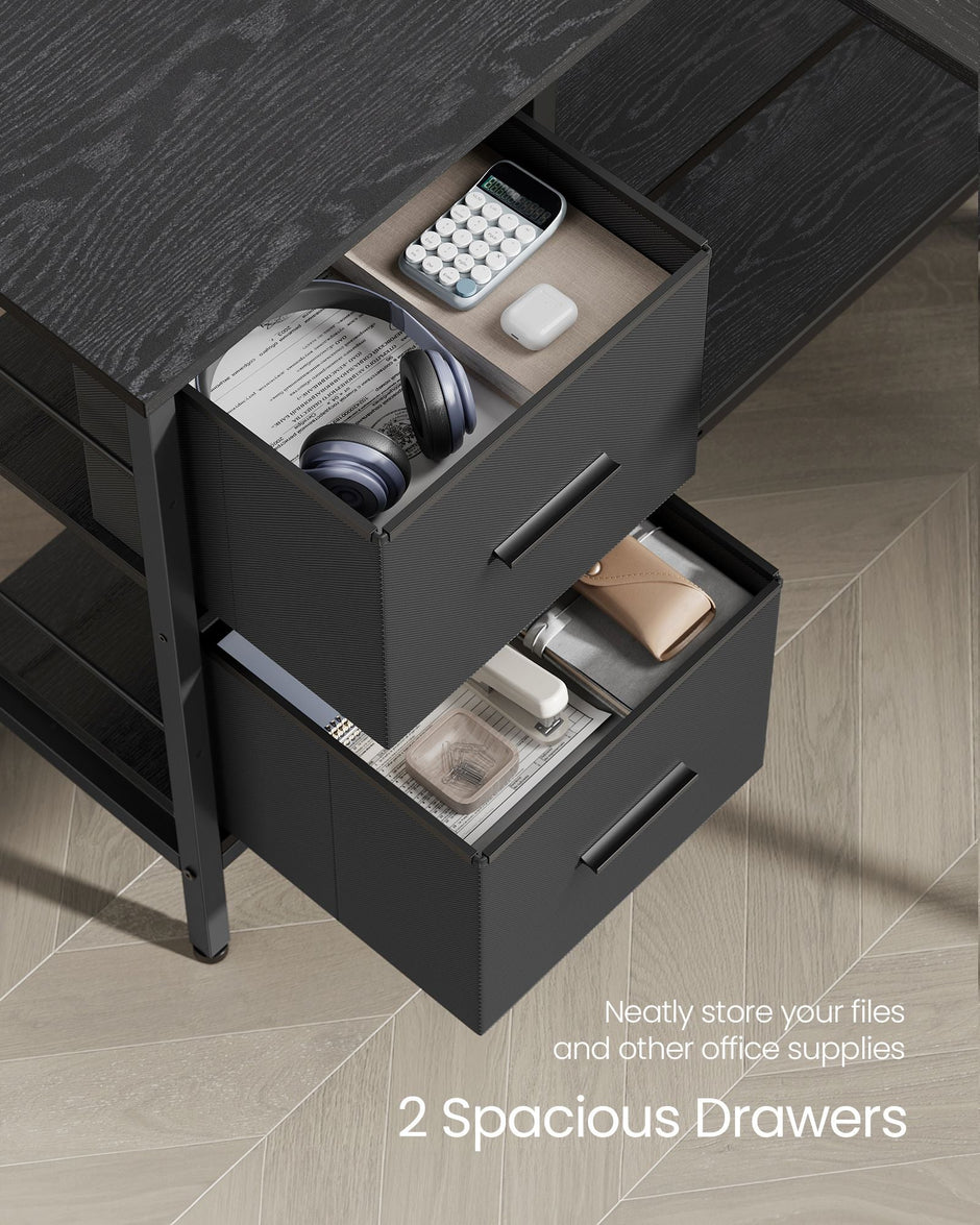 L-Shaped Desk – Wood – Ebony Black – Features 2 Spacious Drawers and Adjustable Storage Shelf