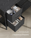 L-Shaped Desk – Wood – Ebony Black – Features 2 Spacious Drawers and Adjustable Storage Shelf