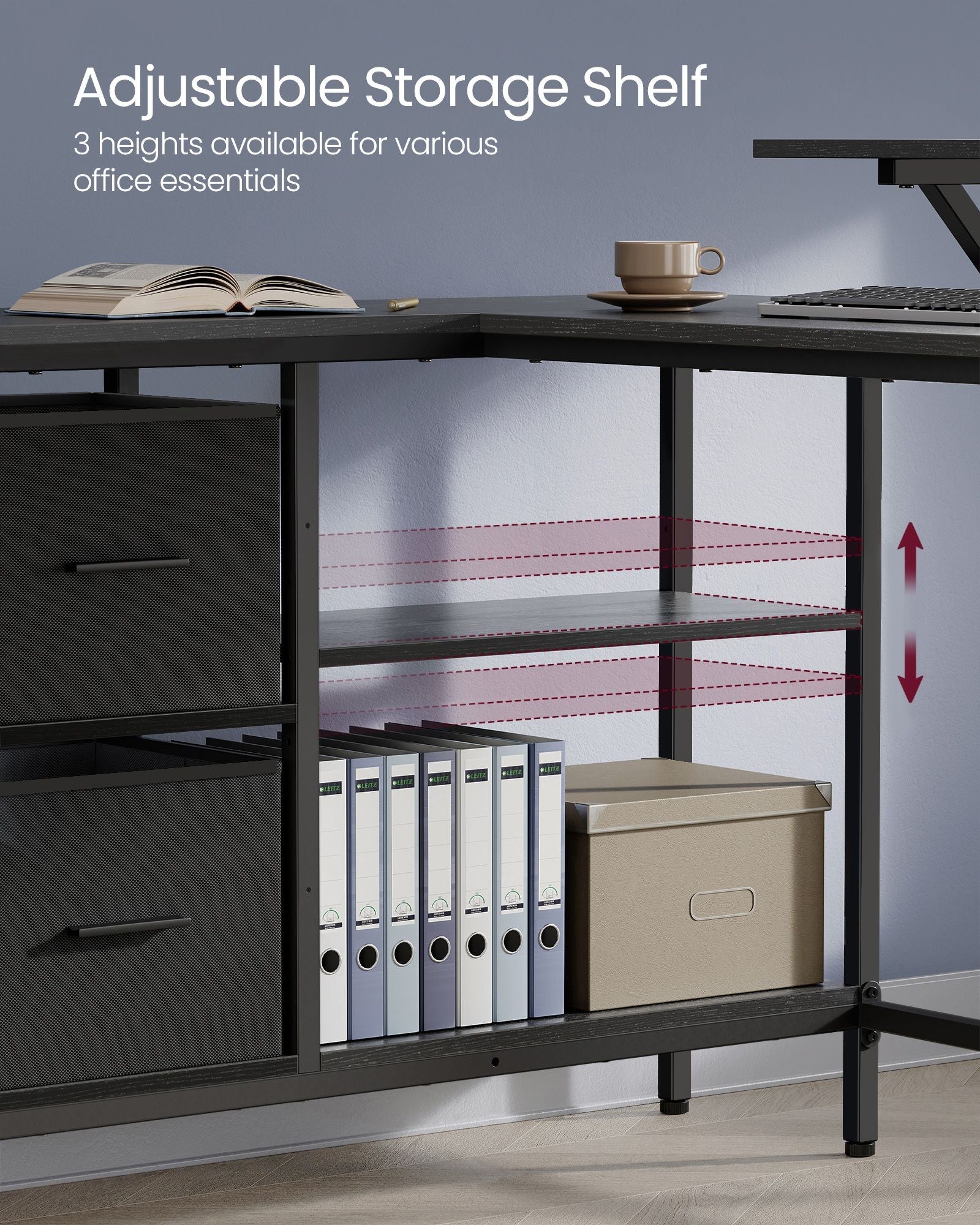 L-Shaped Desk – Wood – Ebony Black – Features 2 Spacious Drawers and Adjustable Storage Shelf