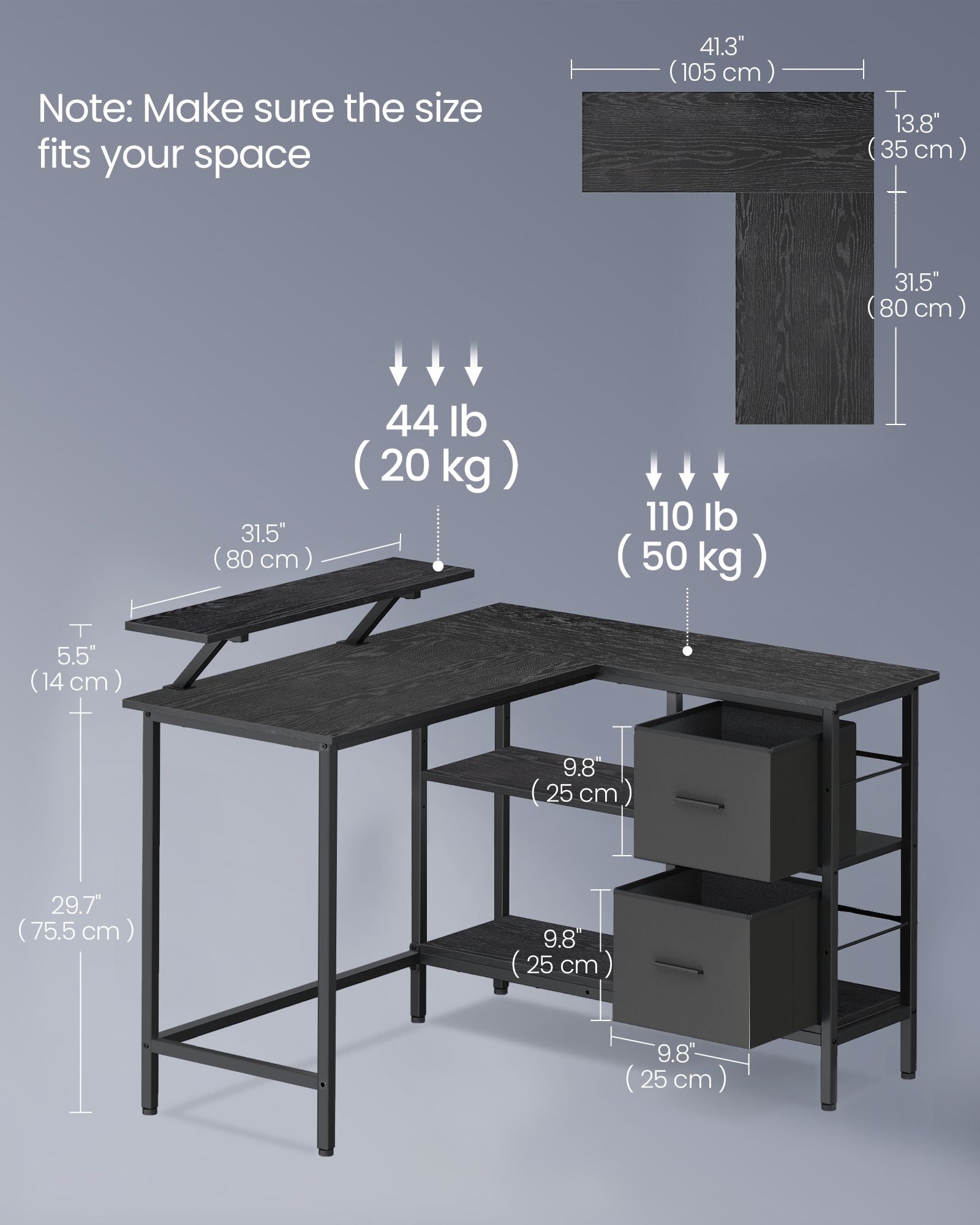 L-Shaped Desk – Wood – Ebony Black – Features 2 Spacious Drawers and Adjustable Storage Shelf
