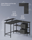 L-Shaped Desk – Wood – Ebony Black – Features 2 Spacious Drawers and Adjustable Storage Shelf
