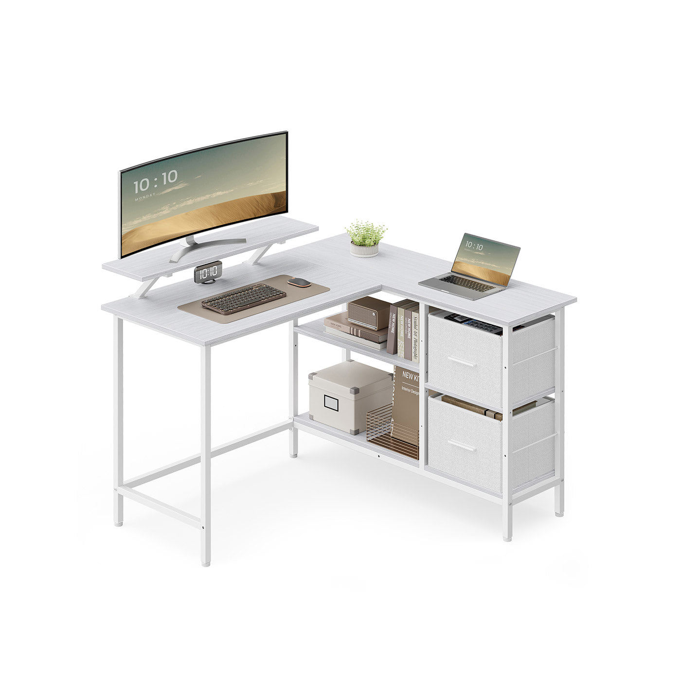 L-Shaped Desk – Wood – Maple White – Features Dual Spacious Drawers and Adjustable Storage Shelf