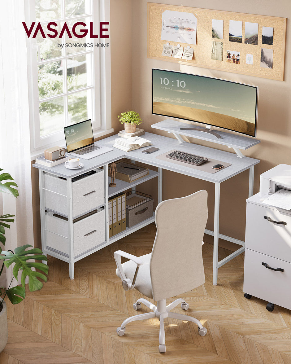 L-Shaped Desk – Wood – Maple White – Features Dual Spacious Drawers and Adjustable Storage Shelf
