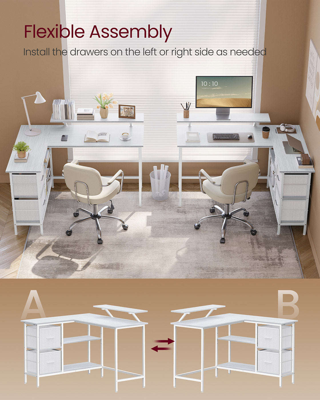 L-Shaped Desk – Wood – Maple White – Features Dual Spacious Drawers and Adjustable Storage Shelf