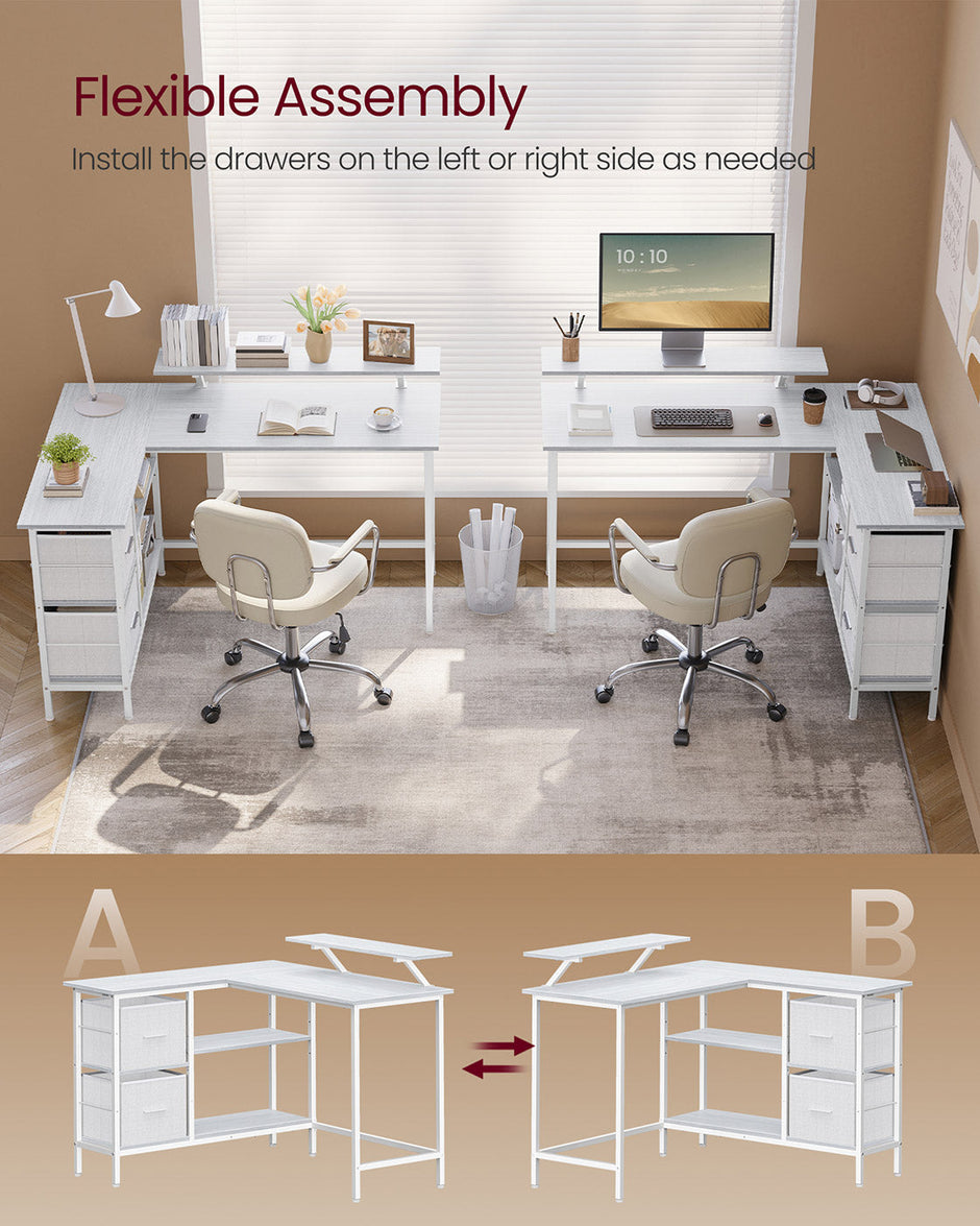 L-Shaped Desk – Wood – Maple White – Features Dual Spacious Drawers and Adjustable Storage Shelf