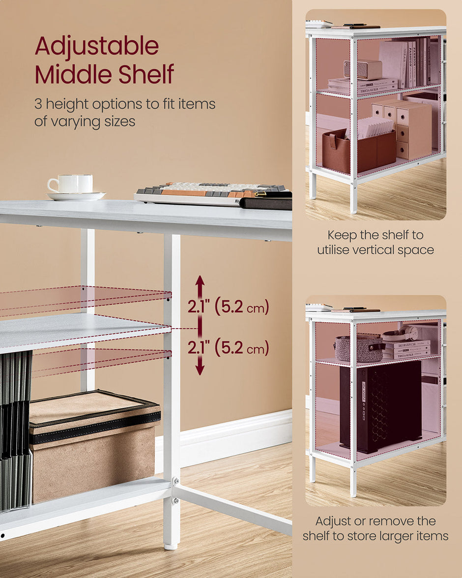 L-Shaped Desk – Wood – Maple White – Features Dual Spacious Drawers and Adjustable Storage Shelf