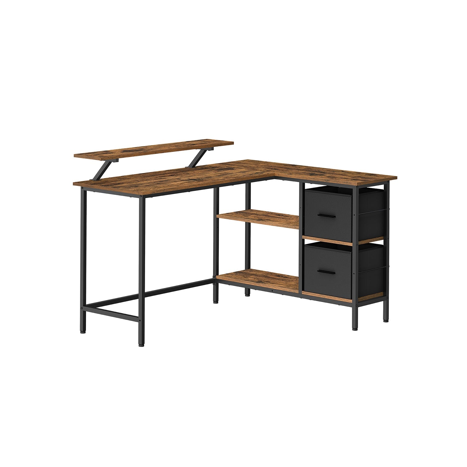 L-Shaped Desk – Wood – Rustic Brown – Spacious with Adjustable Monitor Stand and Storage Shelf
