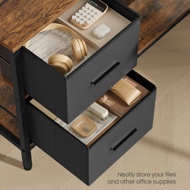 L-Shaped Desk – Wood – Rustic Brown – Spacious with Adjustable Monitor Stand and Storage Shelf