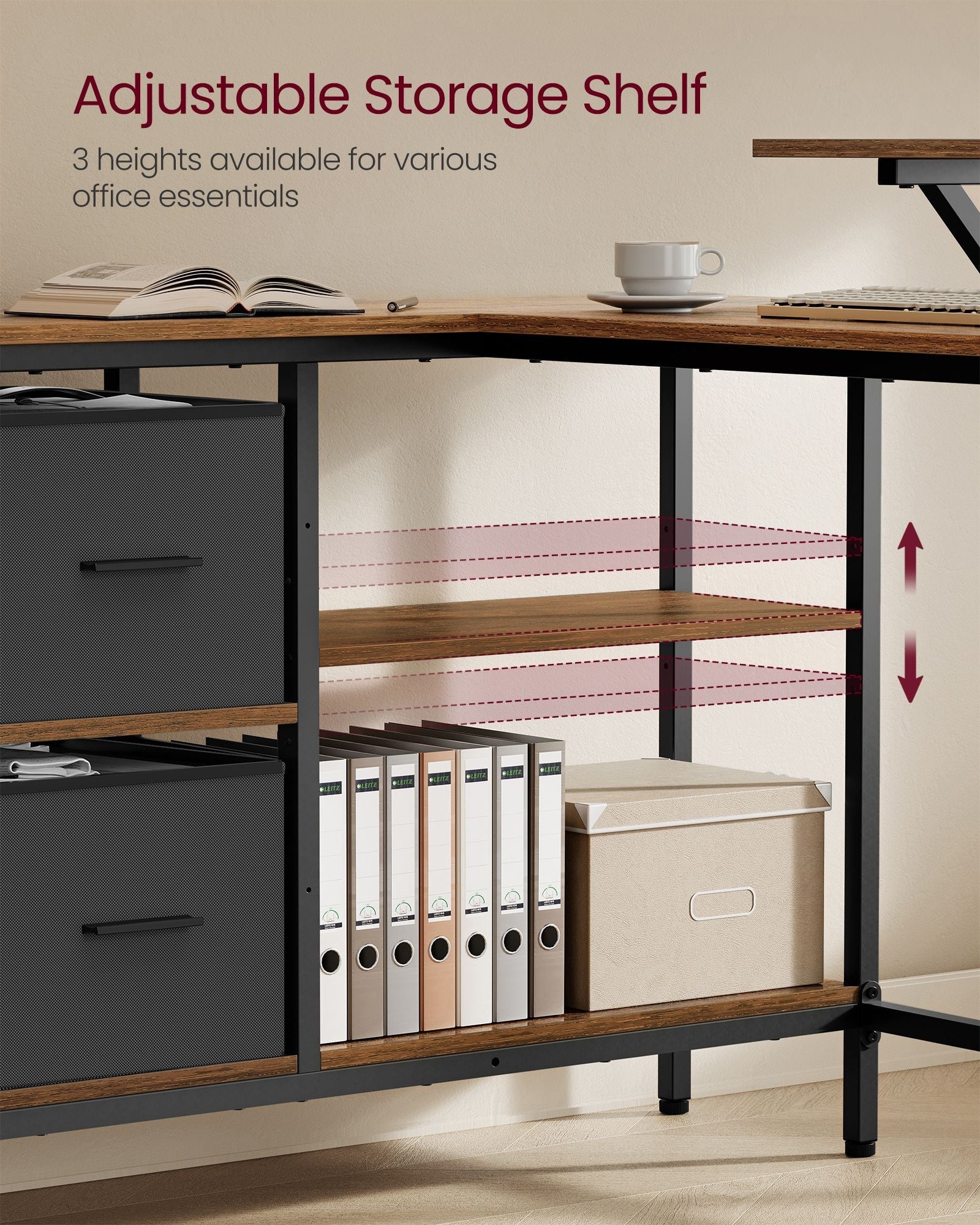 L-Shaped Desk – Wood – Rustic Brown – Spacious with Adjustable Monitor Stand and Storage Shelf
