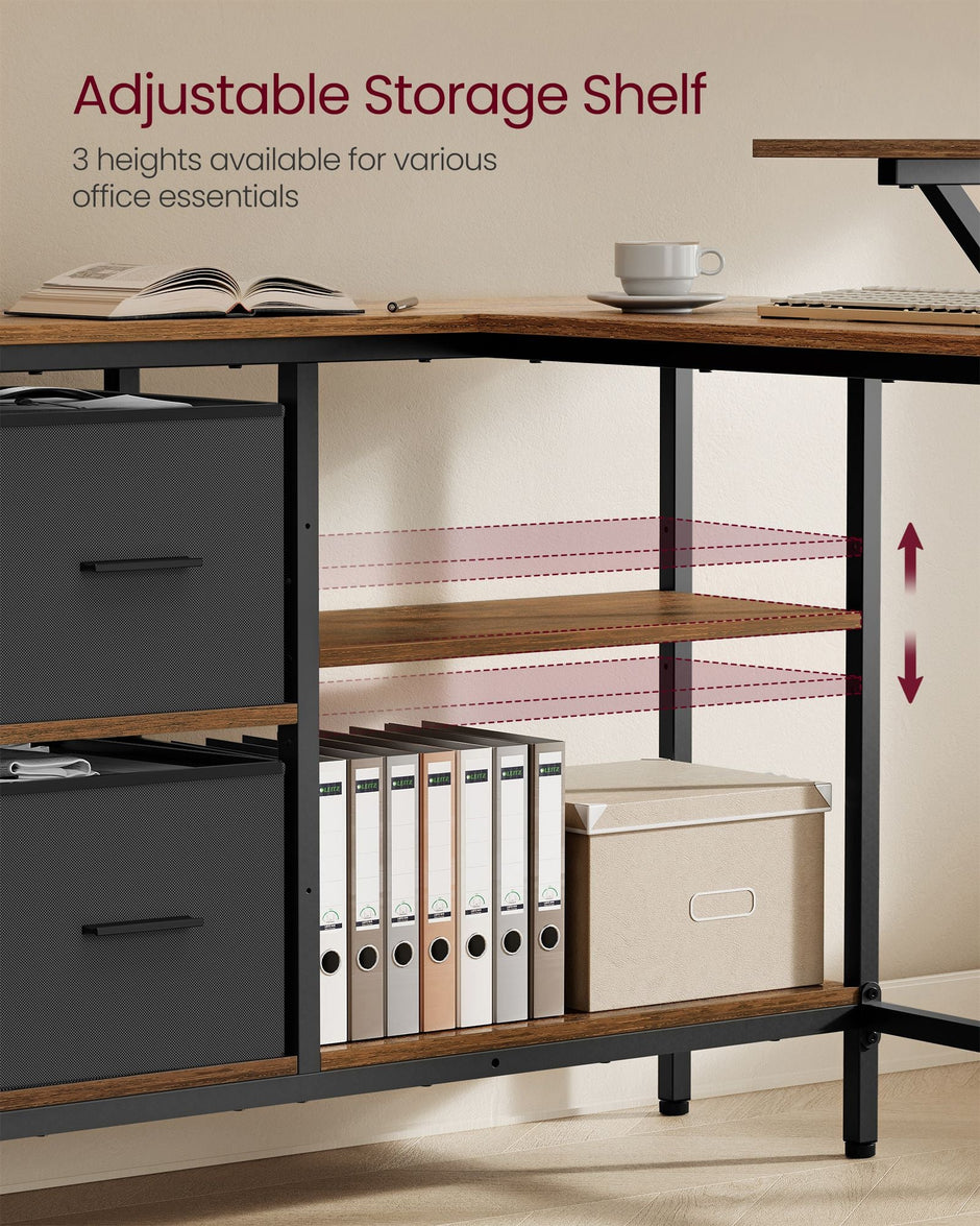 L-Shaped Desk – Wood – Rustic Brown – Spacious with Adjustable Monitor Stand and Storage Shelf